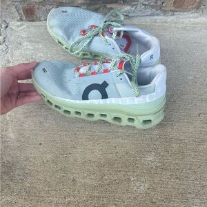 On Running Women’s Mint Green and Light Gray Sneakers with Coral Accents